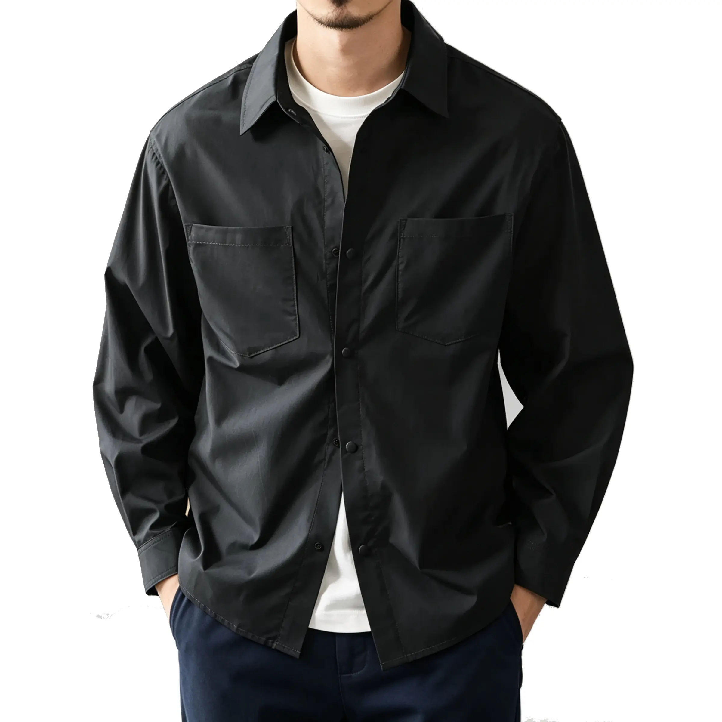 Men American Retro Lyocell Cotton Long Sleeve Work Shirt Minimalist Loose Fit 2 Pocket Casual Overshirt Autumn Daily Wear Utility Shacket