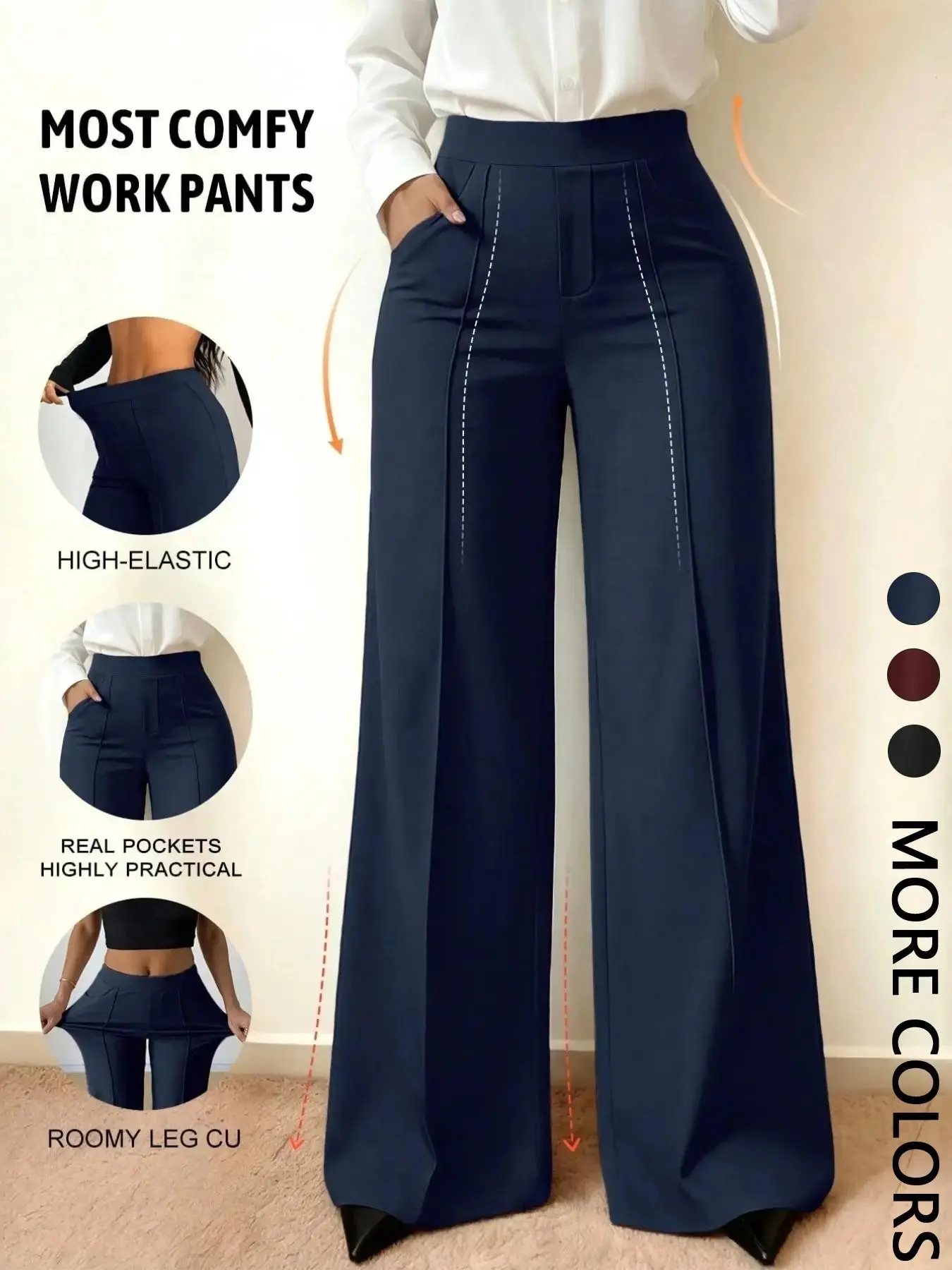 Wide Leg Elastic Commuter Pants, Front Center Split with Pockets, Loose Fit Slimming Suit Pants, Office Daily Wear, Casual Flowy Trousers