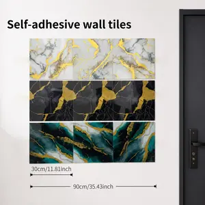 30 Pieces Gold Foil Marble Pattern Imitation Tile Wall Stickers, Self-adhesive Bathroom Tiles, Waterproof Wall Panels. Suitable for bathrooms and kitchens, easy to peel and stick. Can be used for TV background wall decoration with simple installation.