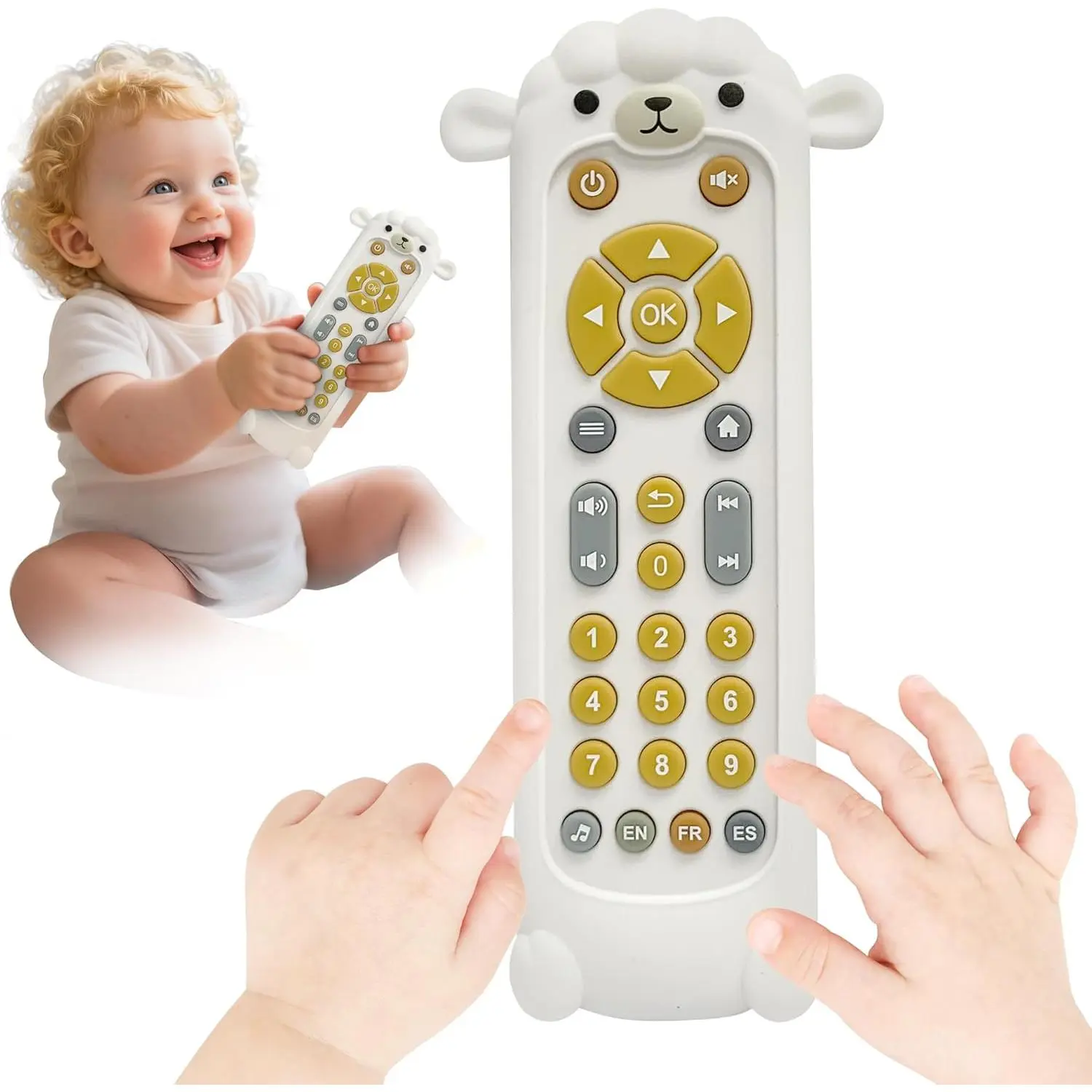 Baby TV Remote Toy with Sheep Silicone Cover - Lights & Sounds ​ ​   Interactive Learning Toy (3 Languages: English/Spanish/French), 50+ Musical Sounds, Perfect 1 2 Year Old Gift  Boys & Girls