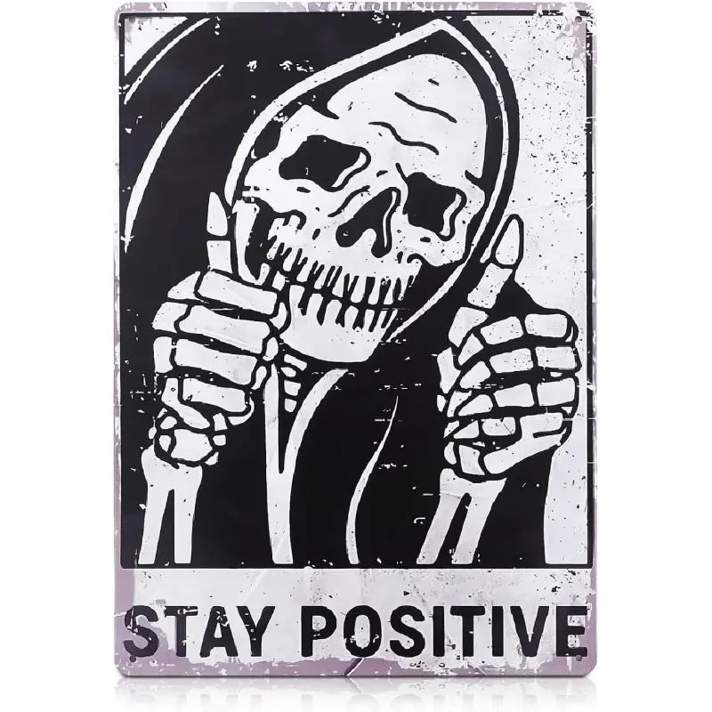 8x12 in Retro Funny Stay Positive Spooky Vibes Gothic Skull Tin Sign - Vintage Metal Wall Art with Screws, Goth Home Decor for Man Cave, Casual Wardrobe Accent, Indoor-Outdoor Mountable Nail-Friendly Unique Gift Idea, Wall Mount