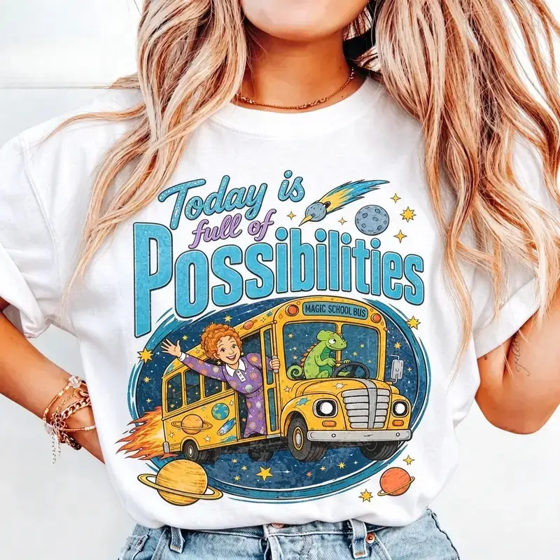 [100% Cotton] Magic School Bus Miss Frizzle Inspired 90's Vintage Graphic Cotton T-Shirt, Today is Full of Possibilities Grade School Teacher Tee