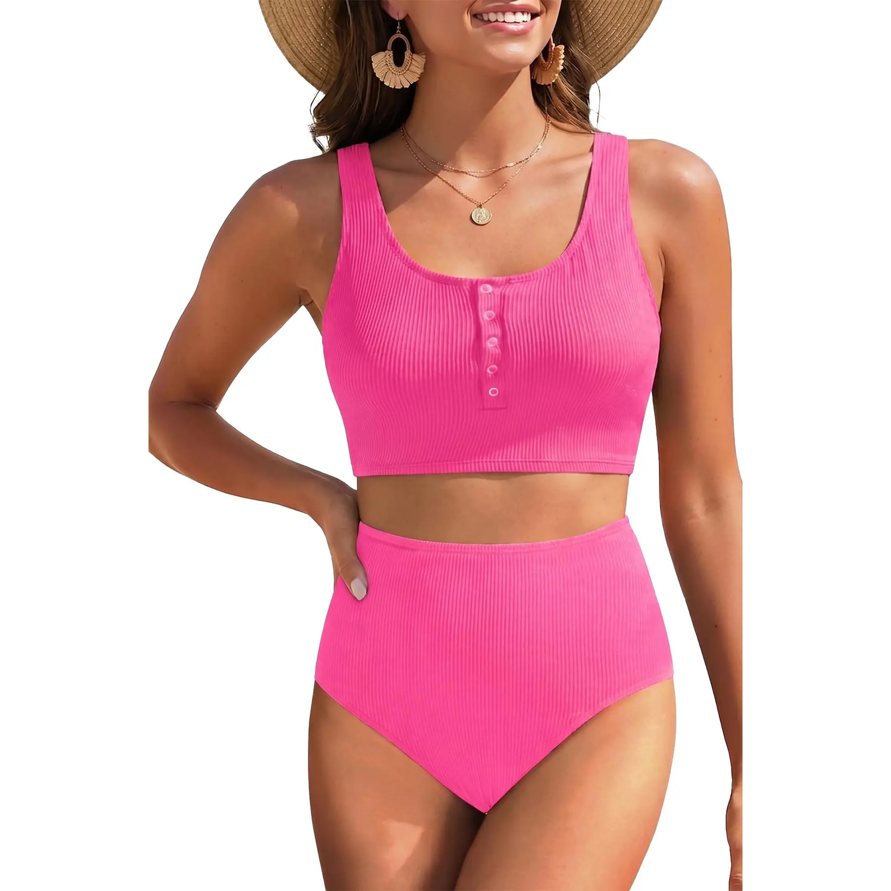Aqua Eve Women's High Waisted Bikini Set - Modest Two Pieces Swimsuits Scoop Neck Bathing Suit Swimwear