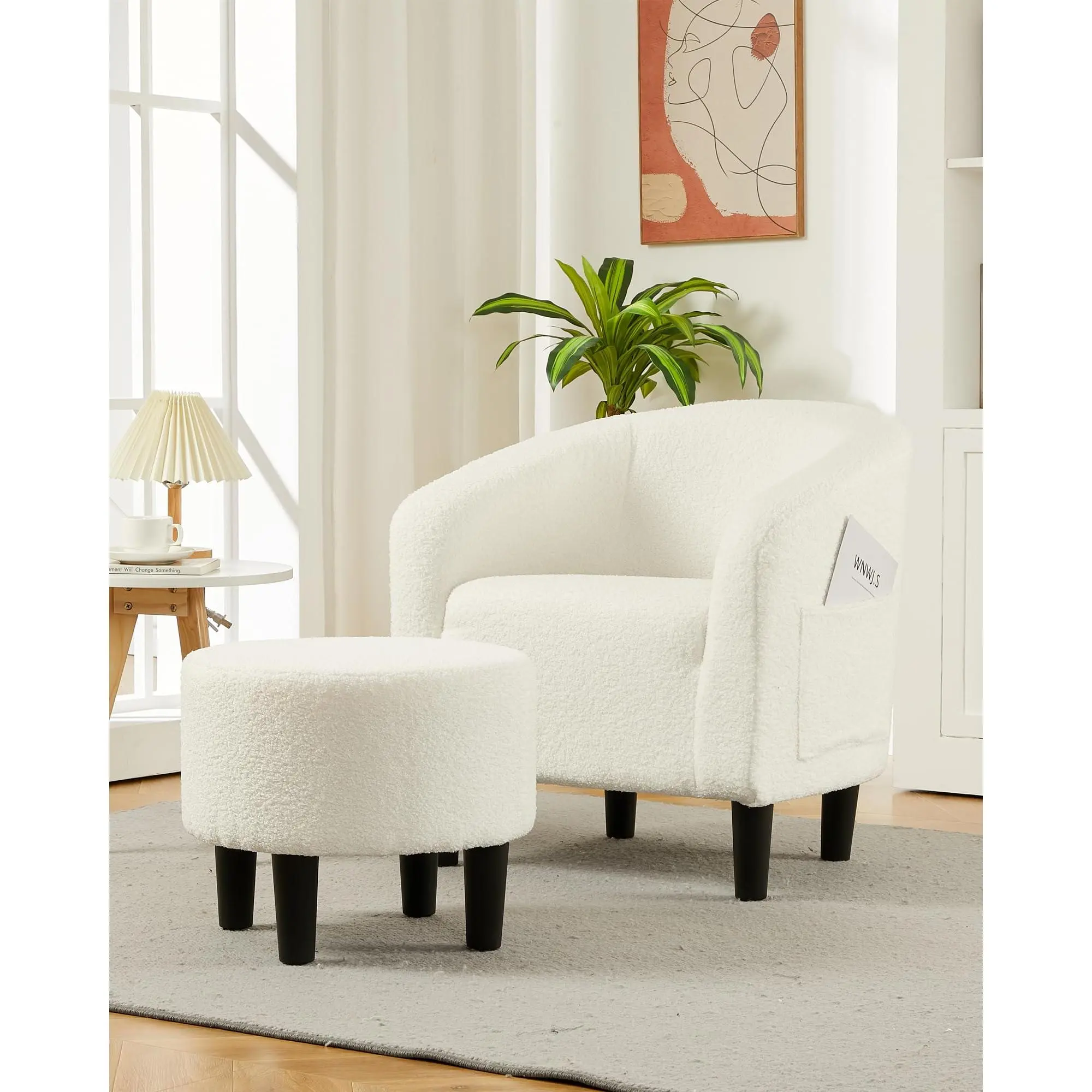 Accent Armchair with Ottoman - Boucle Barrel Chair for Living Room, Comfy Reading Chair with Footrest & Padded Seat, Small Space Cuddle Chair for Bedroom, Apartment, Home Office