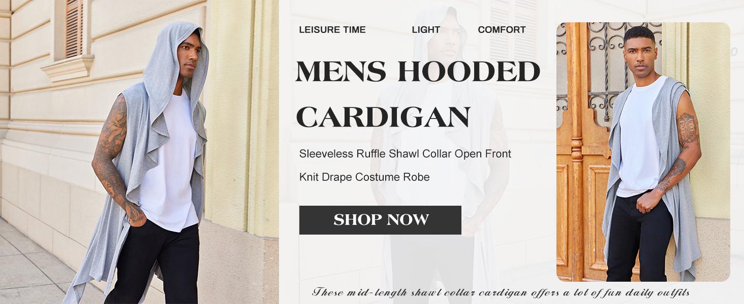 Beotyshow Mens Hooded Cardigan Sleeveless Ruffle Shawl Collar Open Front Knit Drape Robe Knitwear Menswear