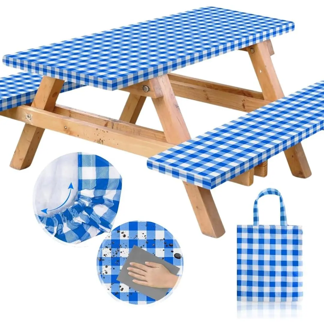 Waterproofing Classic Gingham Vinyl Fitted Picnic Table Cover Set (8 ft/96x30 in, Blue) - 3-Pc Anti-Skiddy Set with Bench Covers, Storage Bag, Elastic Corners, Liquid Proof, Keeps Dirt & Dust Out for Outdoor Use, Checkered, Keeps Dirt And Dust Out