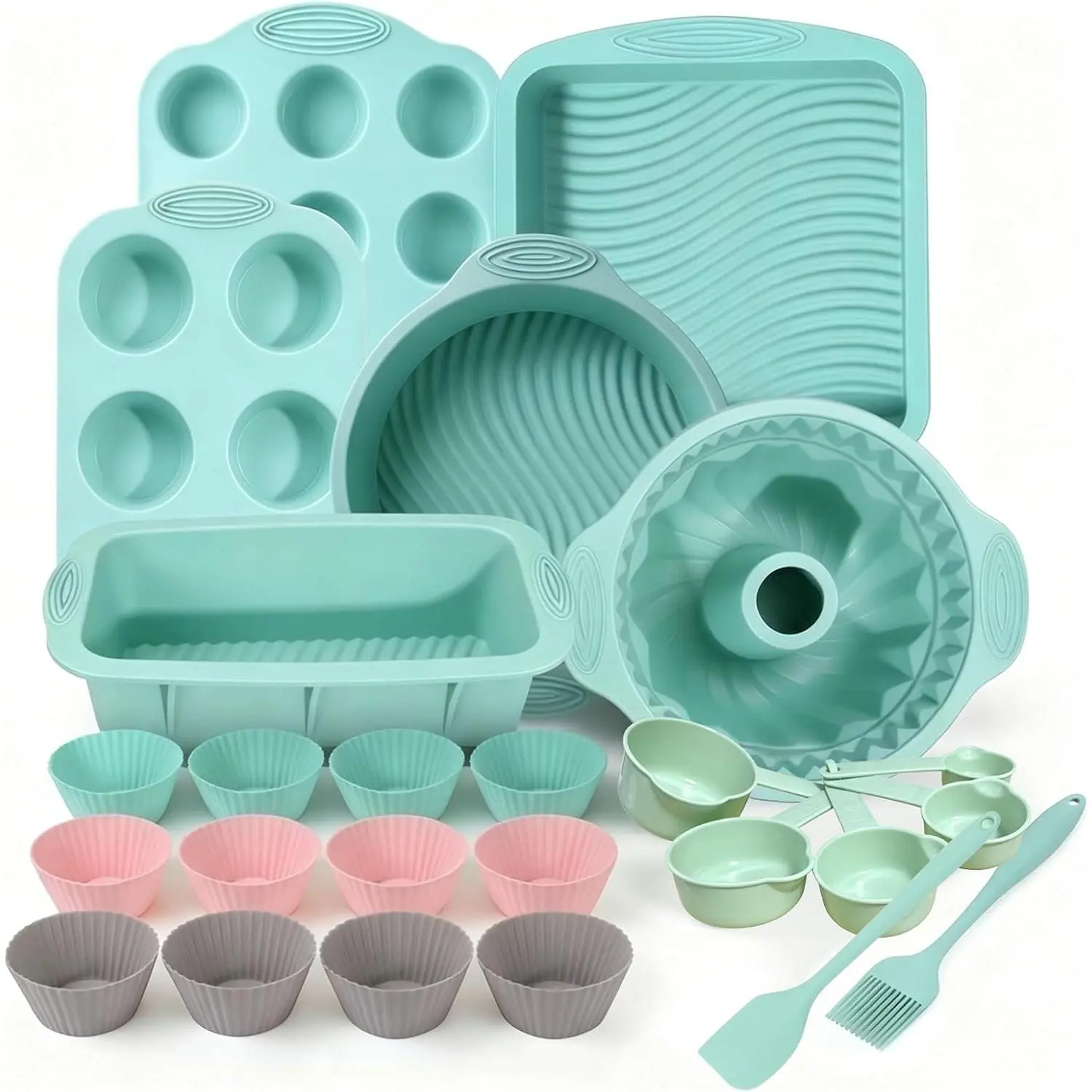 25 count  Baking Pans Set, Nonstick Bakeware Sets with Round/Square Cake Pans, Muffin Pan, Baking Cups and Spoons for Bread, Cupcakes and Desserts