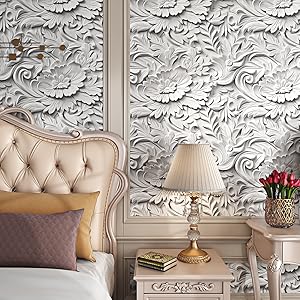 White 3D Floral Wallpaper Peel and Stick Embossed Flower Peel and Stick Wallpaper for Bedroom Ceiling Waterproof Removable White Contact Paper for Cabinets 17.5"x118"