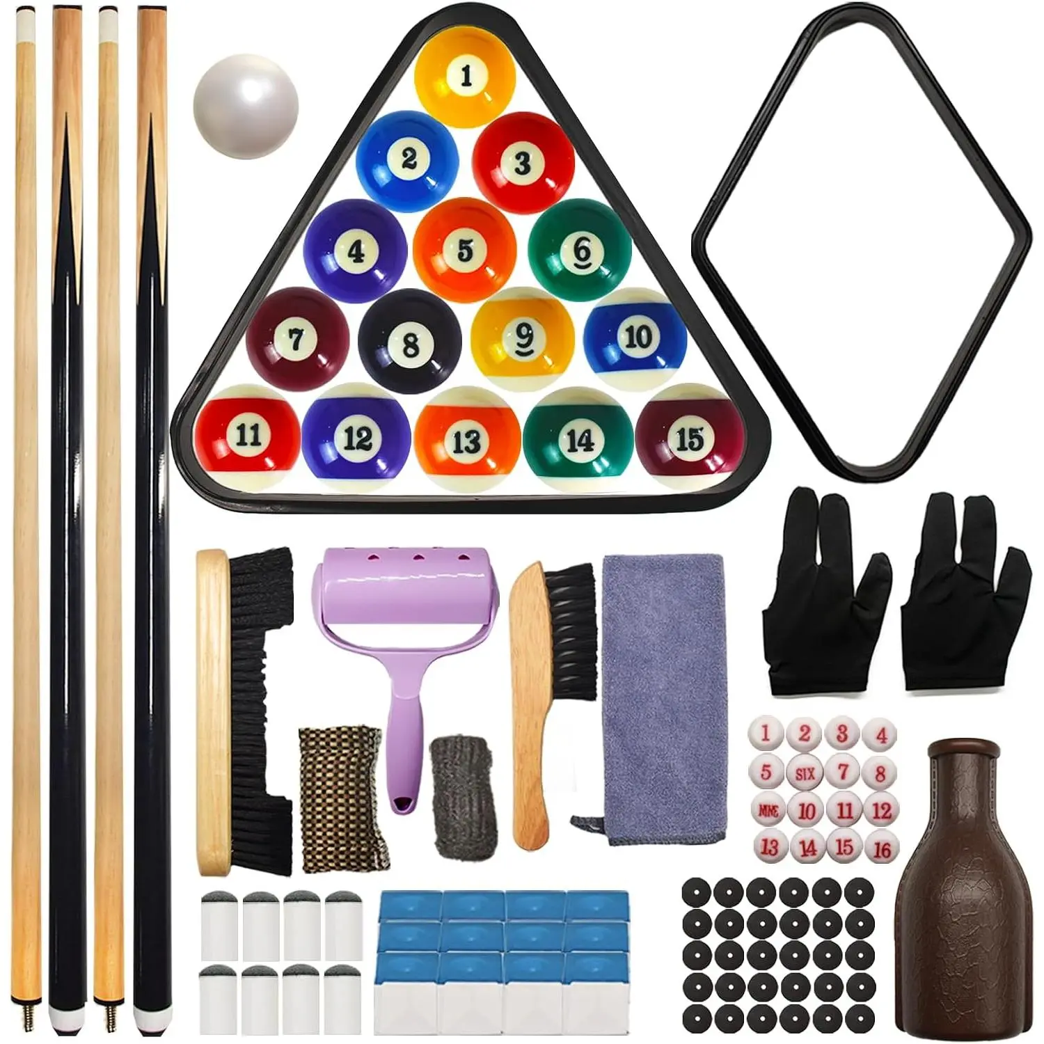 95pcs Pool Table Accessories Set - 2.25in Balls, Triangle, Rack, 6.2oz Cue, Chalk, Tips, Stickers, Cloth, Brush, Cleaner - Anti-Scratch, Long-Lasting for Smooth Shots, Friends & Family All Skill Levels