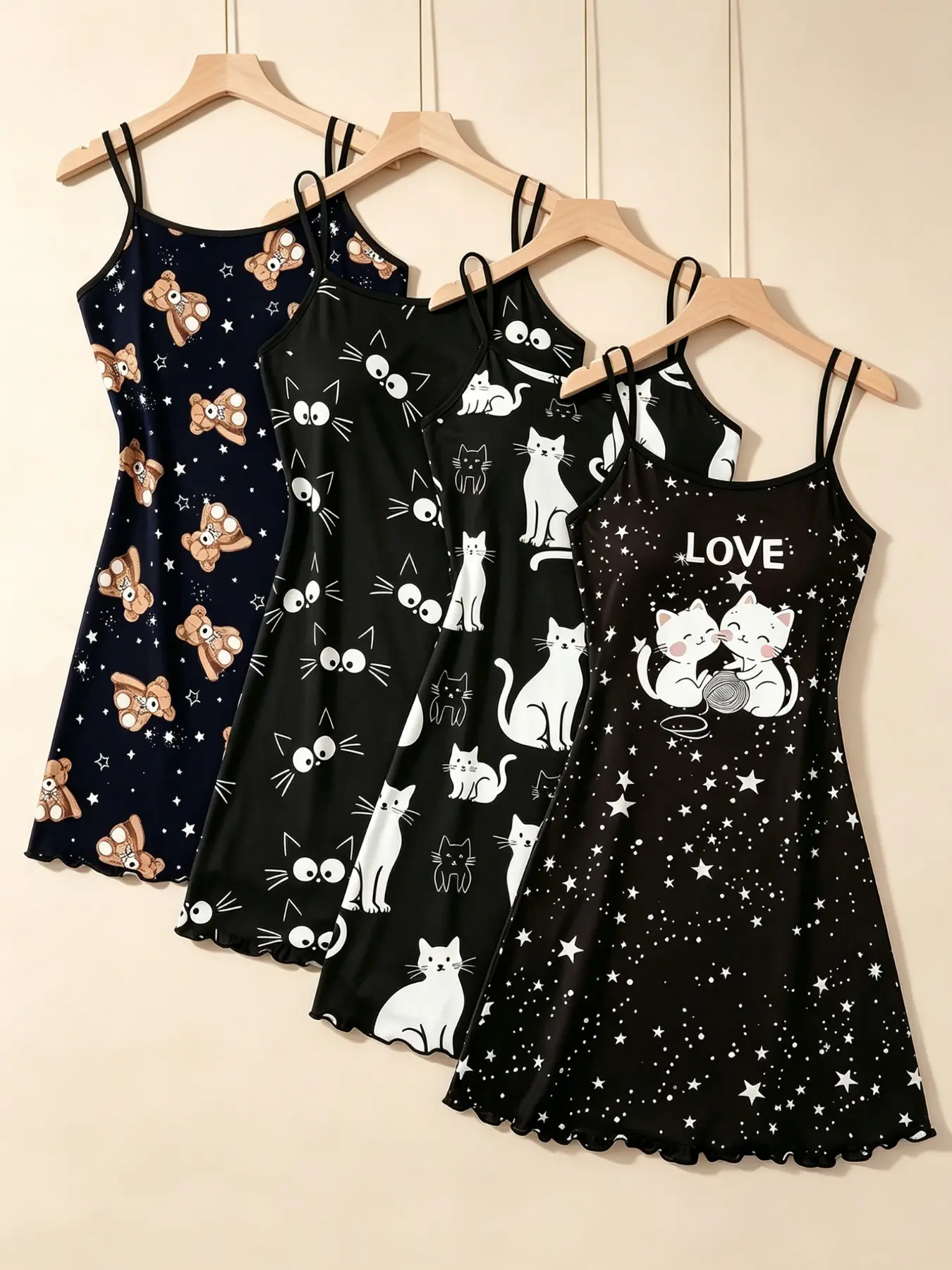 Women's Sleepwear, Loungewear 4 Pack Value Set Trendy Cat Star Print Summer Spaghetti Strap Lettuce Ruffle Hem Contrast Trim Breathable Lightweight Fabric Sleeveless Cami Nightgown Home Lounge Casual Daily Wear Sleep Dress Nightwear