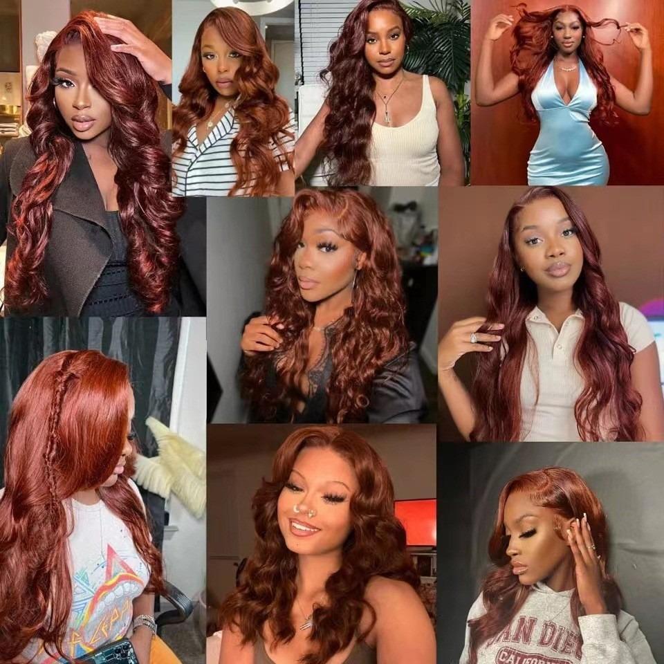 Lace Front Highlighted Ombre Reddish Brown Wig, Highlight Raw Brazilian Body Wave Pre Plucked Human Hair Wig Lace Frontal Wigs For Women, Natural Fluffy Synthetic Full Wig Cap