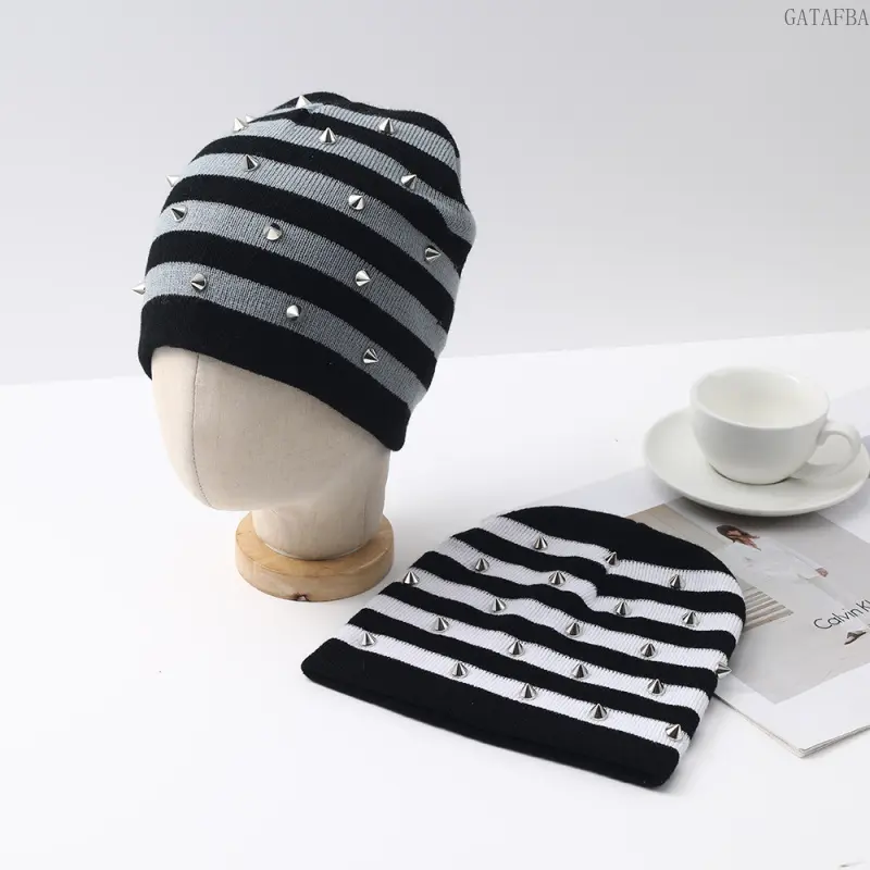 Female Striped Studded Knit Beanie, Soft Warm Windproof Headwear for Women's Autumn-Winter Sports & Outdoor Street Style