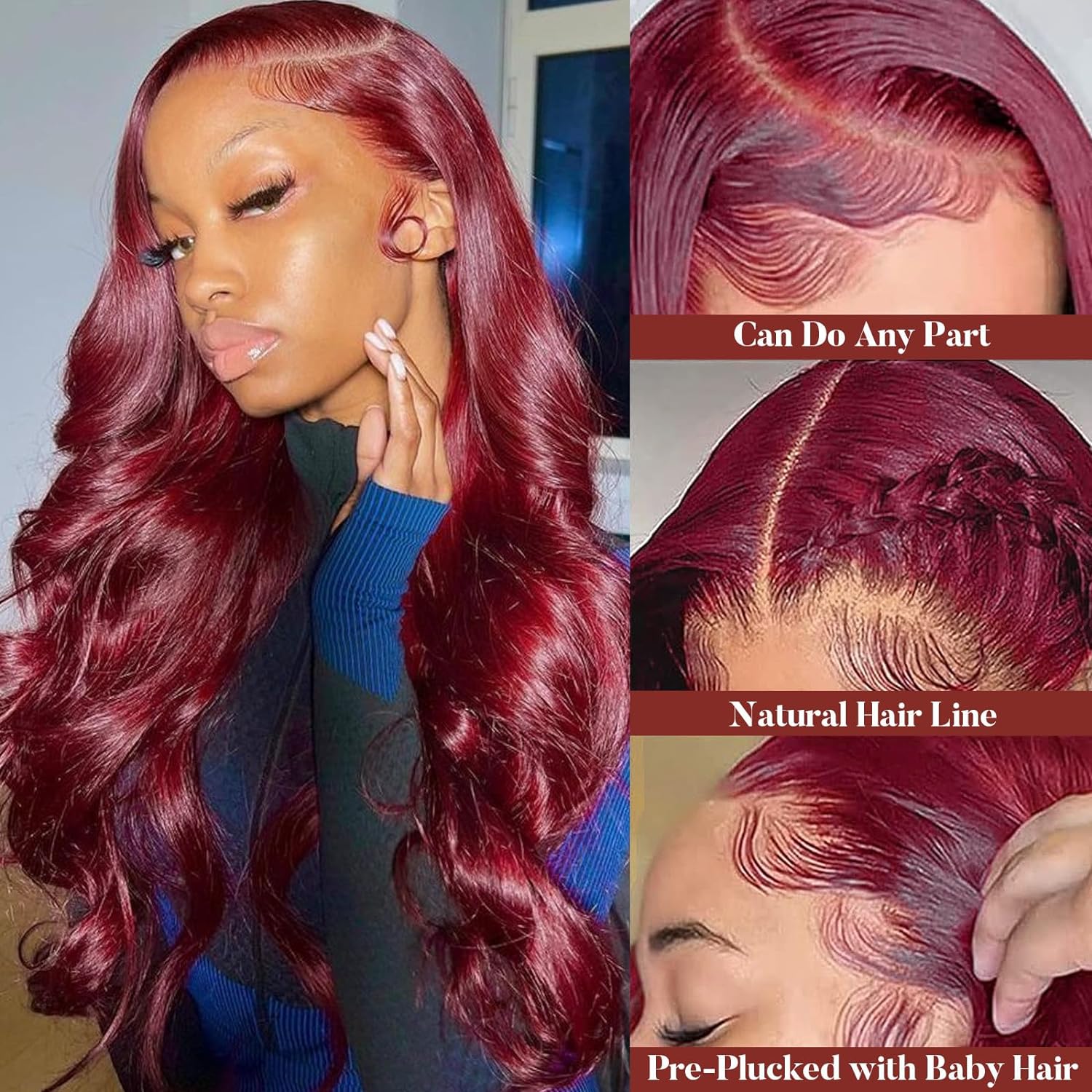 Bling Hair Burgundy 99j Colored Wigs 9x6 7x5 Glueless Body Wave Wigs Human Hair Pre Plucked With Baby Hair Lace Front Wig 180% Density Red Human Hair Wig for Women 30 Inch