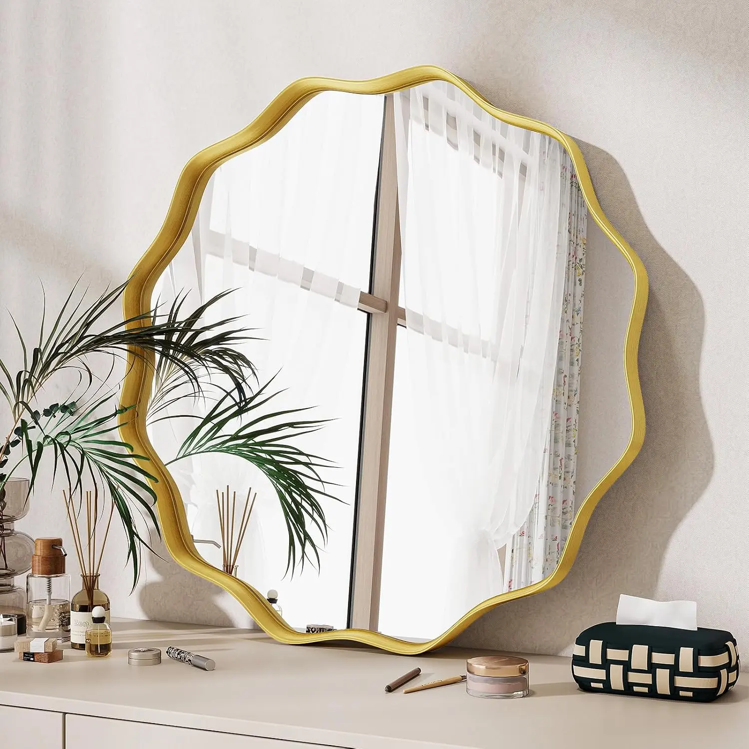 Wavy Round Mirror, 20" Scalloped Metal Frame  Circle Mirror | Wall Mounted for Bathroom, , Entryway, Hallway, Living Room