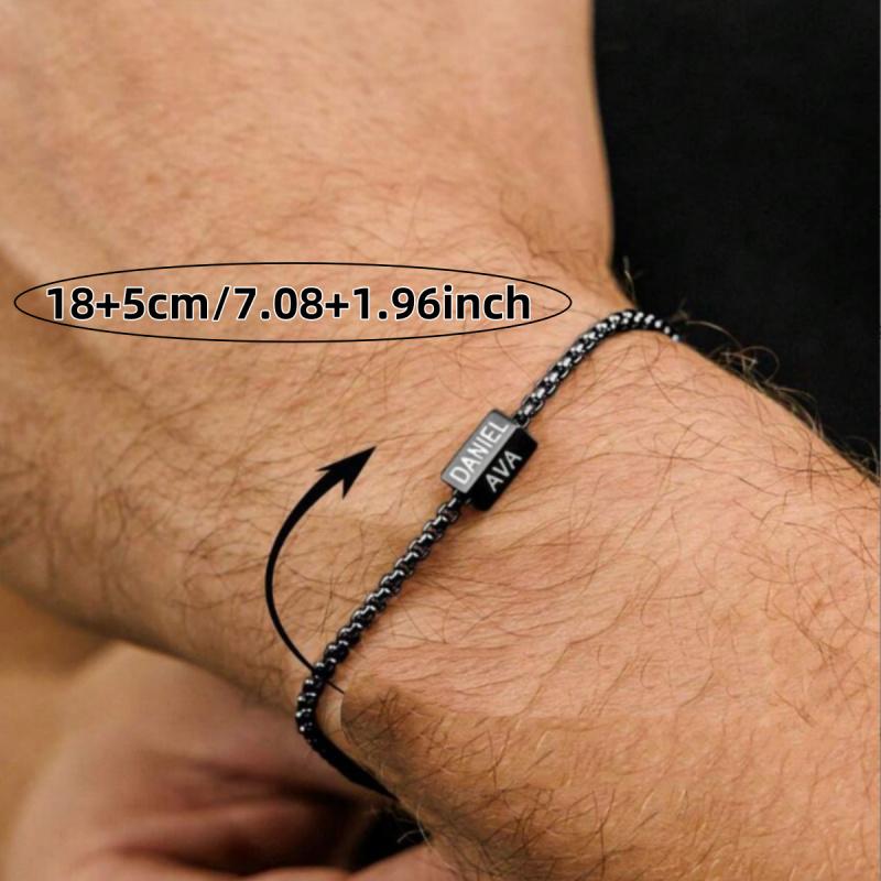 A personalized stainless steel square pendant bracelet for men with custom name engraving, a multi-name engraving bracelet with personalized engraving on 1-4 sides, a stainless steel square pendant bracelet with personalized engraving on 1-4 sides, a Fath