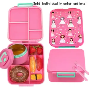 Cartoon pattern lunch box with 12 oz stainless steel soup cup, durable food storage container, includes utensils, dishwasher and microwave safe, perfect for lunch and snacks.
