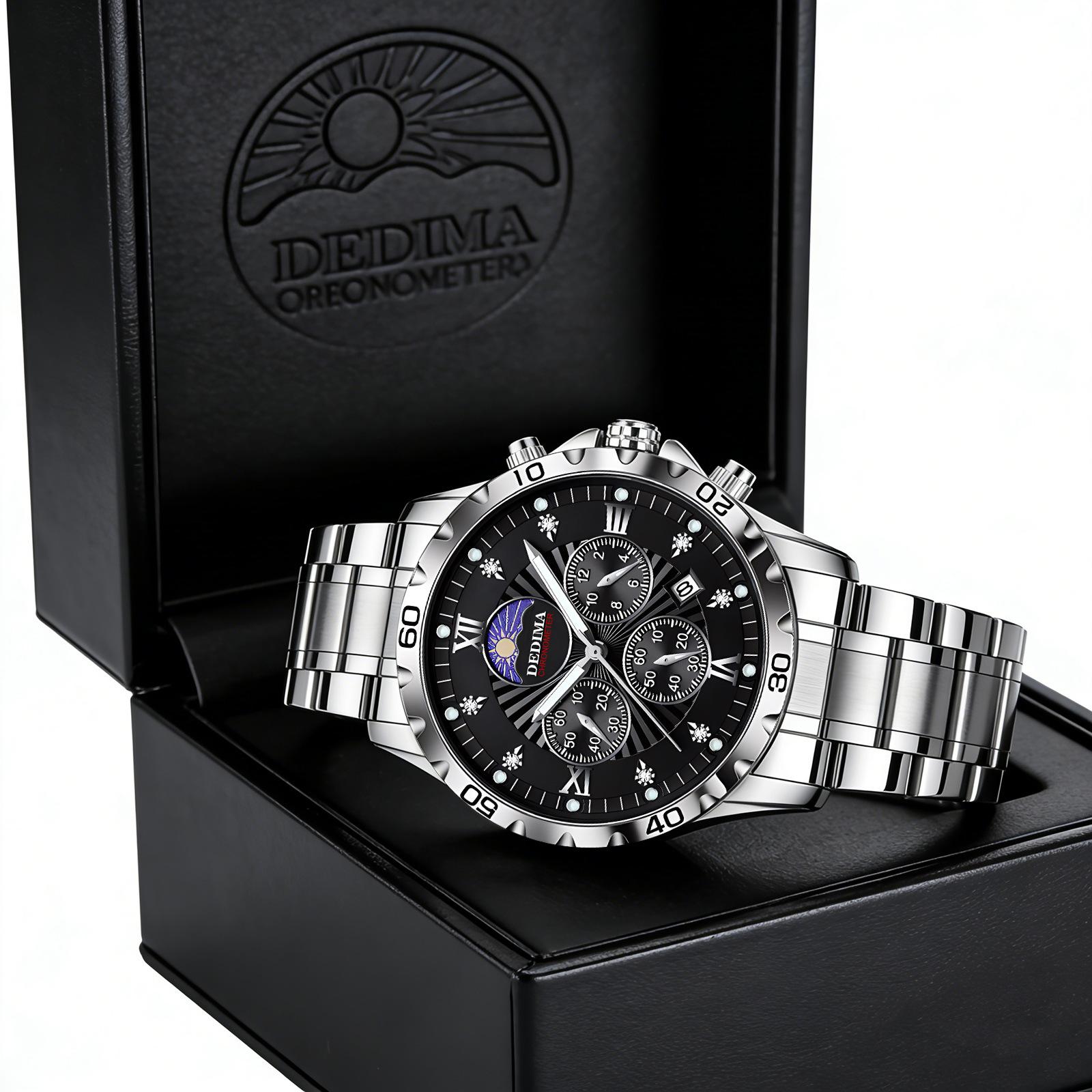 Men's Quartz Watch PE903 Movement 42mm Dial Luminous Display Calendar Moon Phase 30M Waterproof Stainless Steel Strap Business Style Hot-Selling Item