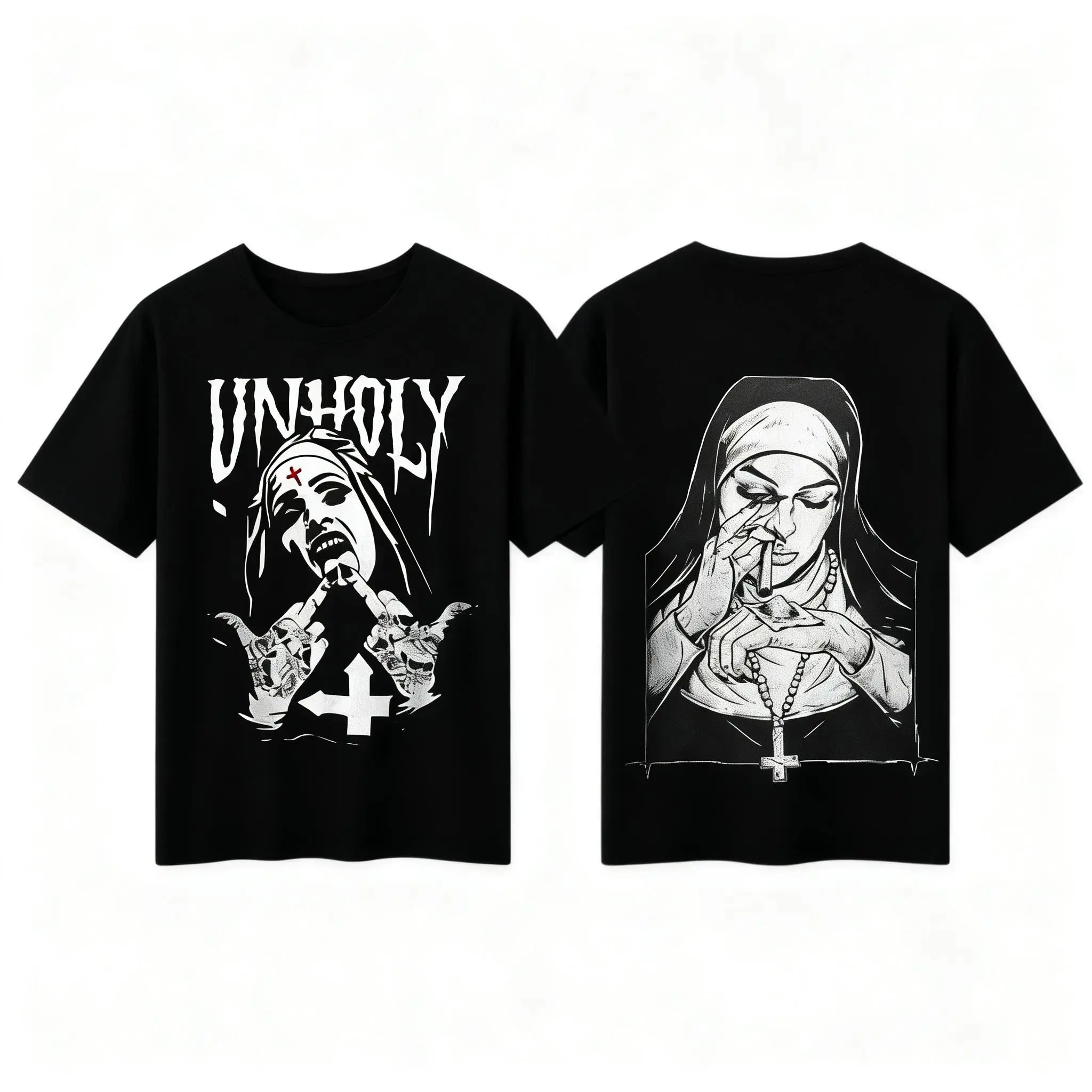Unholy Nun Graphic Cotton Sports Top - Edgy Gothic Streetwear, Bold Dark Art Tee for Alternative Fashion Lovers, Vibrant, All Seasons, S-M-3XL, Printed
