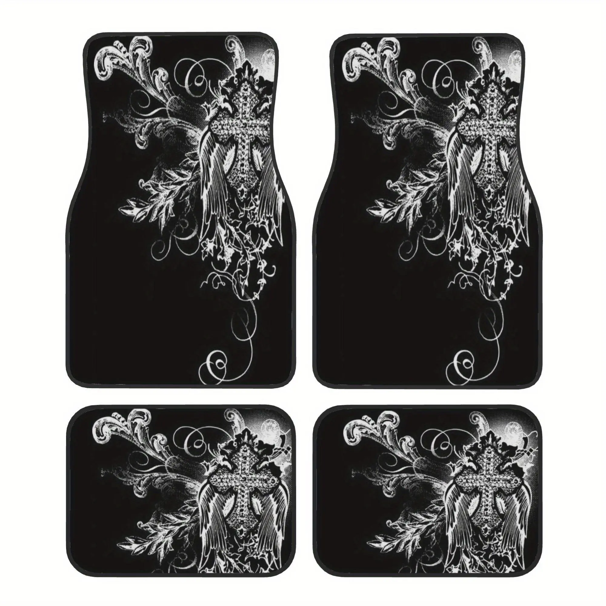 4pcs Gothic Cross Pattern Car Floor Mats - Car Interior Accessories, Stylish, Durable, Easy to Clean, Full Front & Rear Seat Coverage, Universal Vehicle Fit, Ideal for Enthusiasts, Cars