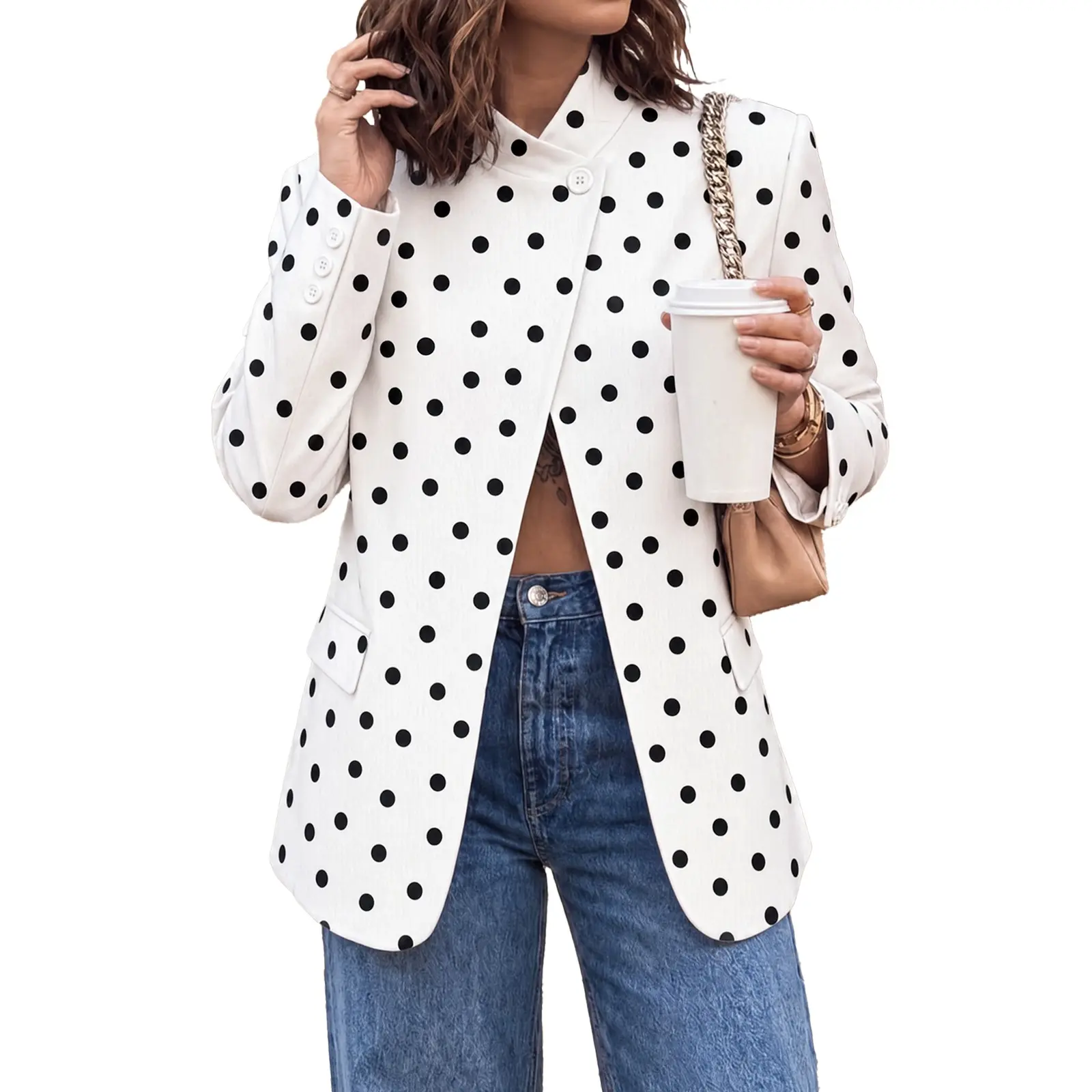 Tankaneo Women's Polka Dot Button Blazer Outerwear, Trendy Casual Long-Sleeve Open-Front Lightweight Coat for Business Work,clothes for back to school,first day of school outfits