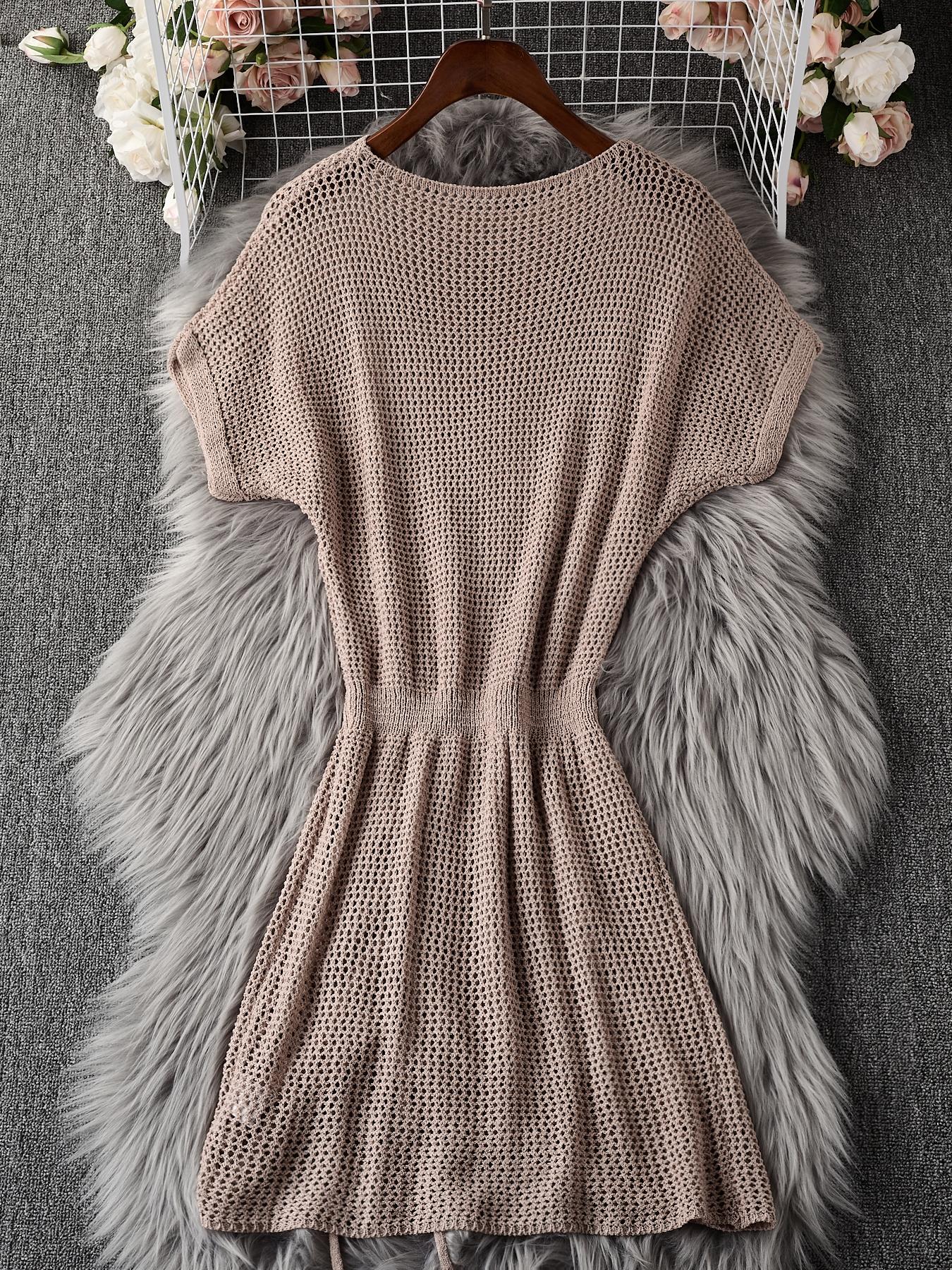 Women's Solid Color Hollow Out Knit Sweater Dresses, Casual Fashion Round Neck Drawstring Dresses, Ladies Summer Clothes for Daily Wear, Womenswear