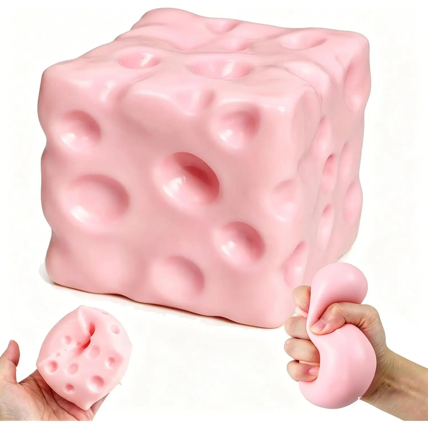 Pink Cheese Squishy Cube Block, Squeeze Cheese Squishy for Adults & Teens - Squeeze Luck Cheese Squishy Skin Soft, Sensory Stress Ball Squeeze Toys for Stress Relief (Pink-1pcs (7cm))
