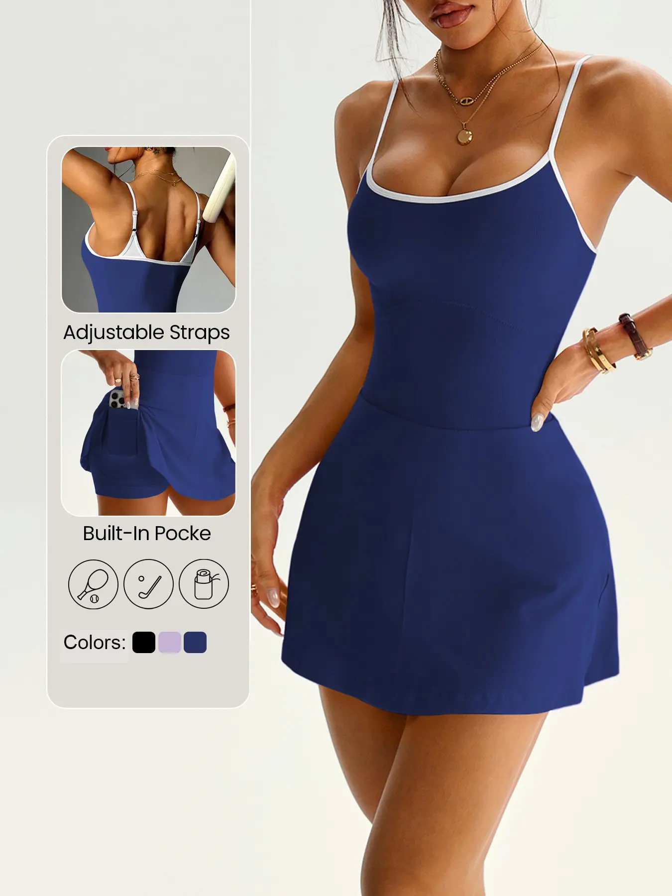 TCVC Women's Seamless Color-block Thin Strap Tennis Dress, Active Wear Dress, Sportswear Dress, with attached lined shorts with pockets to prevent exposure. Perfect for tennis, pickleball, yoga, gym workouts, running, Tennis Sports Dress