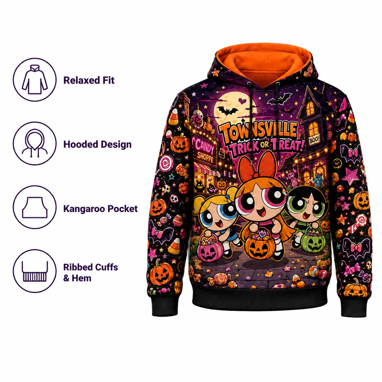The Powerpuff Girls Halloween Graphic Hoodie, All-Over Print Pullover Sweatshirt with Long Sleeves and Ribbed Cuffs, Trick-or-Treat Outfit for Fall，free shipping