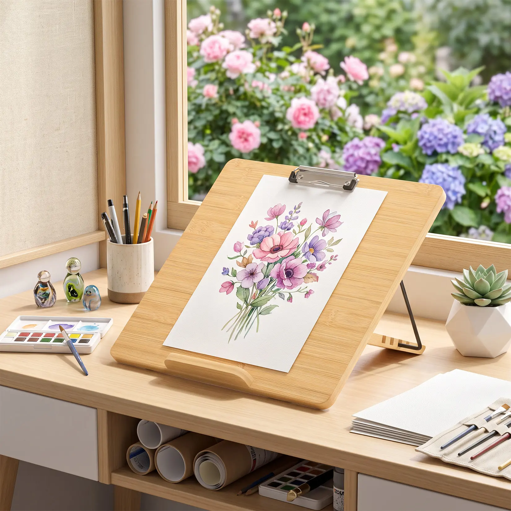 Bamboo Wood Adjustable Slant Writing Board Easel - 4 Adjustable Angles, 40x33cm Foldable Stand, Metal Clip Holder, Desk Handwriting & Drawing Aid