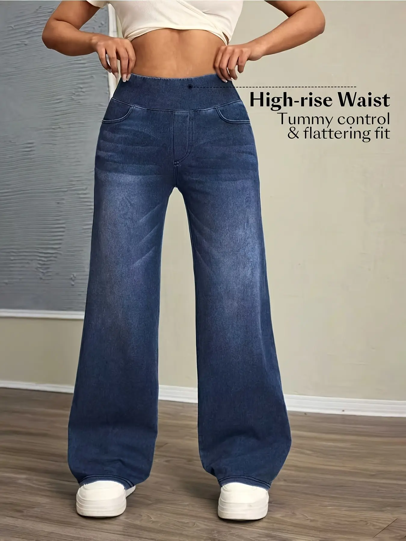 Women's High Waisted Denim Jeans, High Stretch Jeans, Wide Leg Bell Bottoms, Casual Plain Long Pants, Slim Fit Elastic Waist, All Seasons