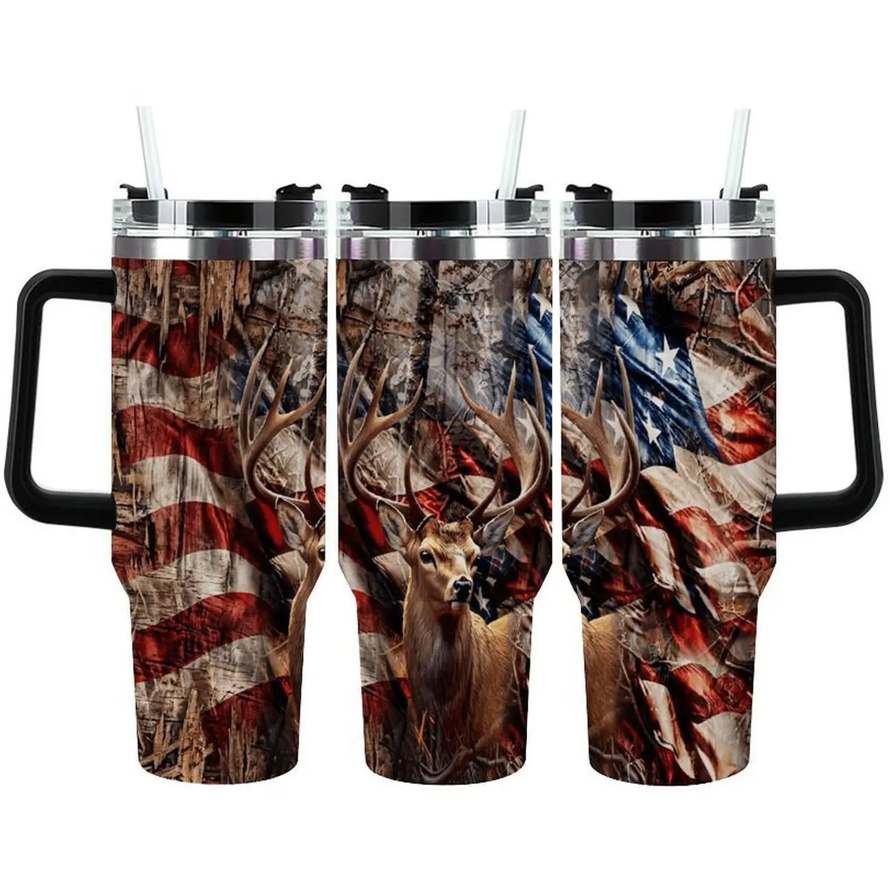 Vintage American Flag Buck Deer 40oz Stainless Steel Tumbler with Handle Reusable Travel Cup for Hunting Outdoor Lovers Birthday Gift for Men
