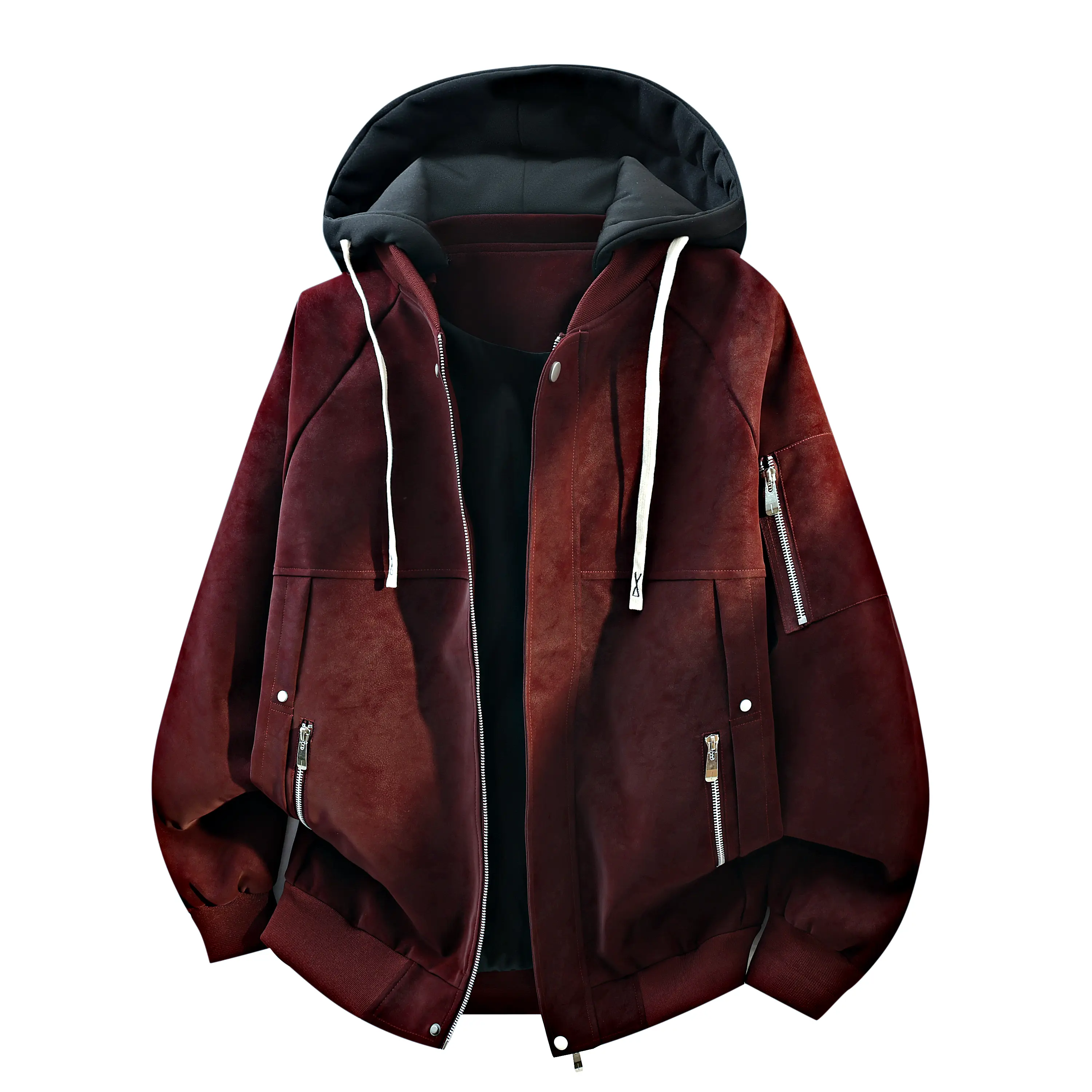 Men's stylish hooded jacket, with a fully zipped front, multiple zipped pockets, ribbed hem and cuffs, and drawstring hood. A trendy streetwear-style coat, suitable for daily casual wear.