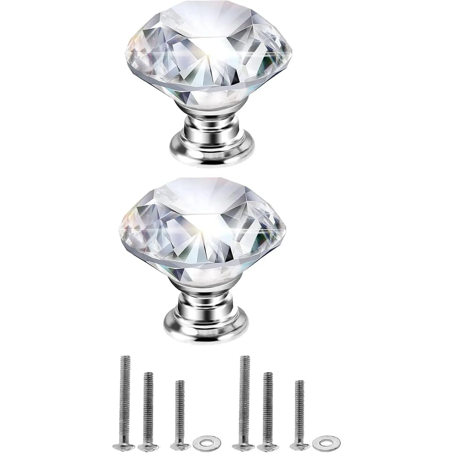2 Pack 30mm/1.18" Diamond Glass Cabinet Knobs, Clear Crystal Pulls with 3 Sizes Screws for Closet Dresser Kitchen Wardrobe Drawer HandlesGift