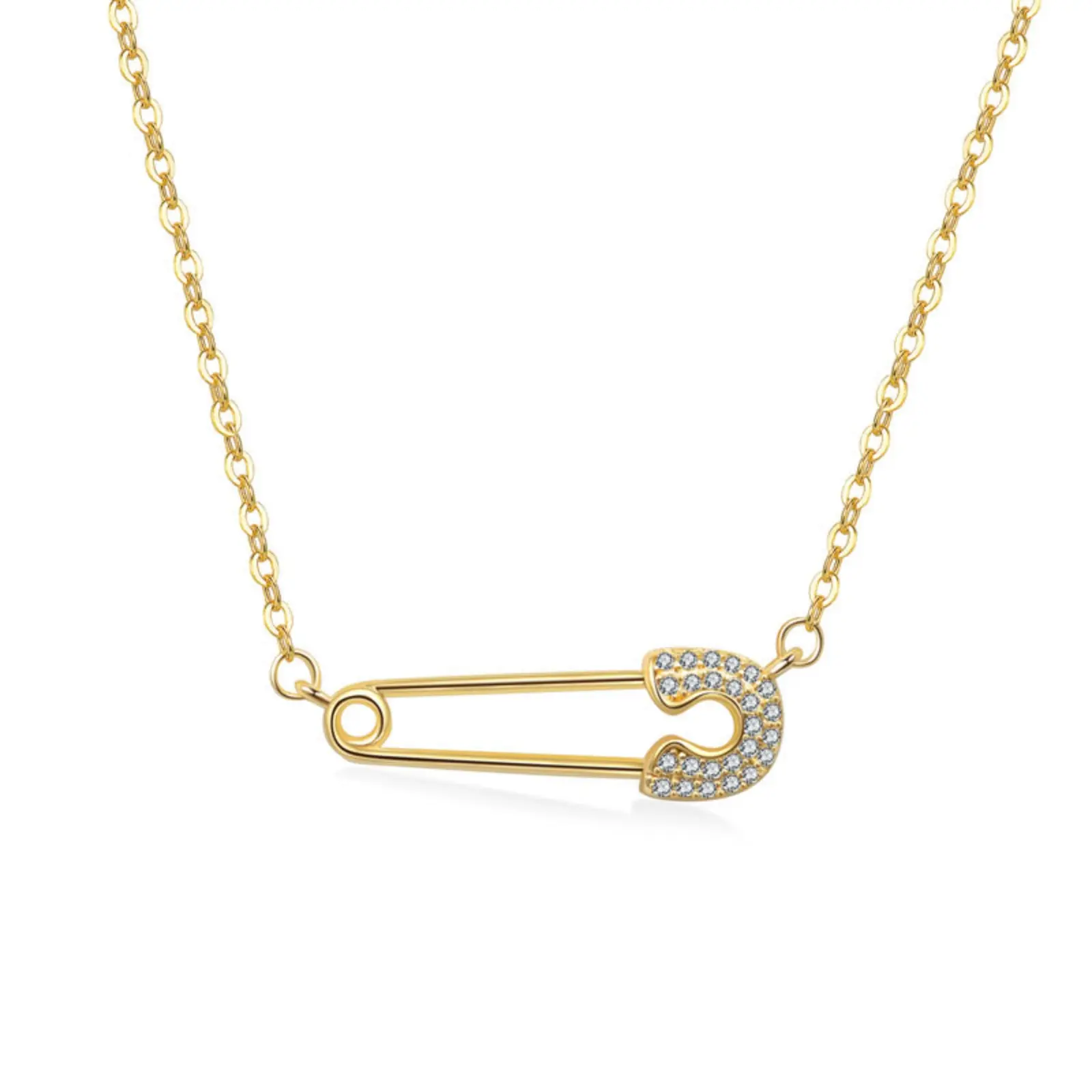 Safety Pin Necklace for Women, Elegant Sideways Cubic Zirconia Bling Pendant on a Dainty Paperclip Choker, Punk Streetwear Gift, Bling Necklace, Female, Sparkling Stones, Short Necklace