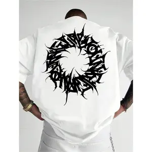 Round Pattern, Letter and Symbol Print T-shirt |   Loose Fit, Casual Style, Crew Neck, Slightly Stretchy Fabric, Perfect for Summer, Trendy Men's Mysterious Top, PLUS SIZE