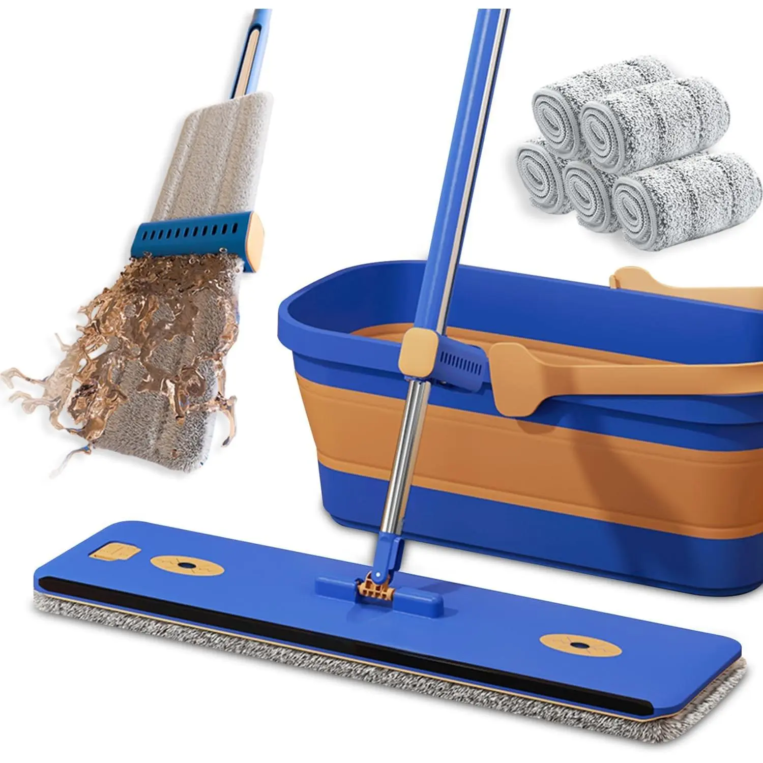16.5" Self Wringing Flat Mop and Collapsible Bucket Set, Hands-Free Wet & Dry Microfiber Mop with Built-in Squeegee & 5 Washable Pads, Floor Cleaner for Hardwood Laminate Tile