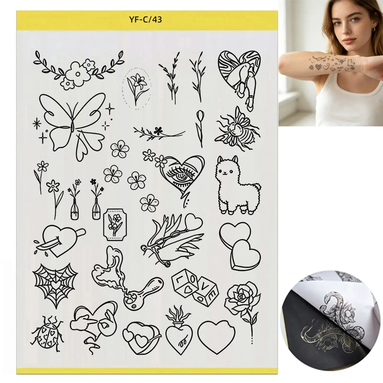 Pre-Drawn Tattoo Transfer Sheets, Pre-Drawn Line Art Designs, Heart Flower Snake Butterfly Patterns, Ideal for Beginners & Artists