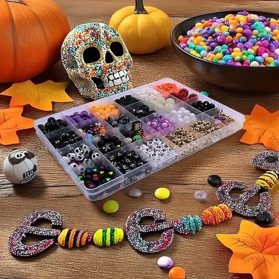 Halloween Themed Bead Set, DIY Bracelet Making Supplies, Elf Pumpkin Skull Charms, Fun Craft Kit for Party Holiday Gifts