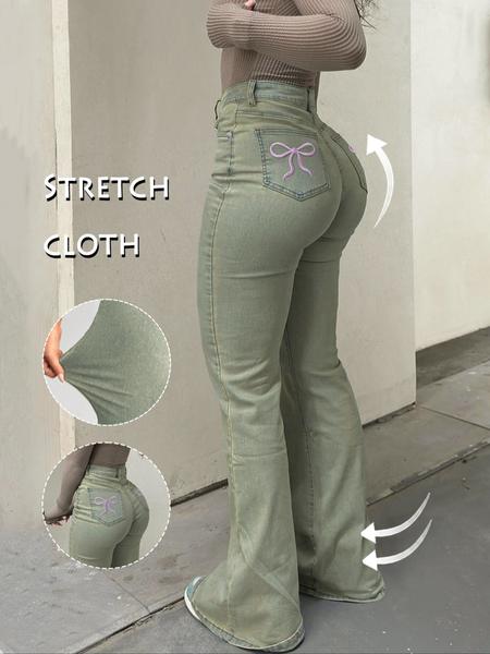 GILIPUR Y2K Women's Casual Denim Flared Pants Back Pocket Embroidered Bow Mother Stretchy Jeans Comfortable And Fashionable Women's Pants For All Seasons Stretchy Jeans Flared Pants Starched Stretchy Jeans Girls Stretch Stretchy Jeans