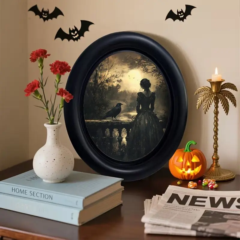 Vintage Victorian Forest Raven and Noble Lady Art Print Artwork, Oval Frame Wall Hanging, Retro Living Room Decor, Unique Home Decoration