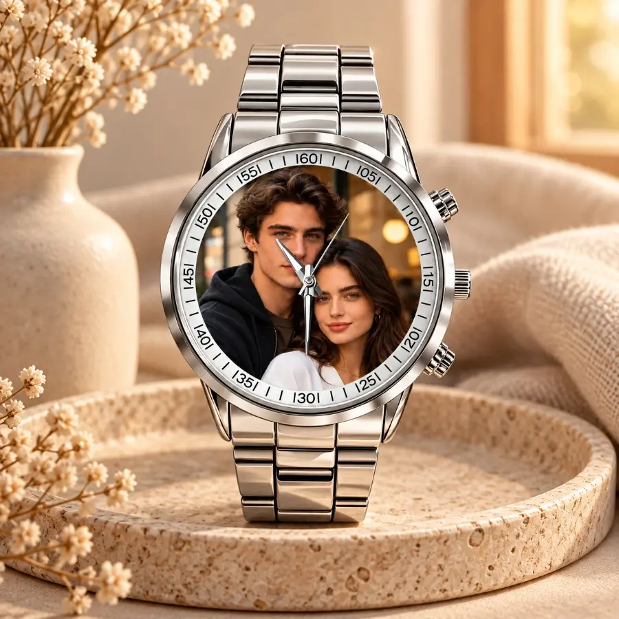 Personalized Photo Watch Custom Couple Picture Wristwatch Stainless Steel Band Romantic Anniversary Gift for Him Her