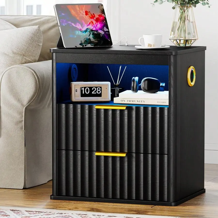 Fluted Nightstand With - Bluetooth Speakers,19.7" W LED Smart Night Stand With Charging Station,2 Drawers And Human Senor Lights,Modern Bedside Table & End Tables Bedroom