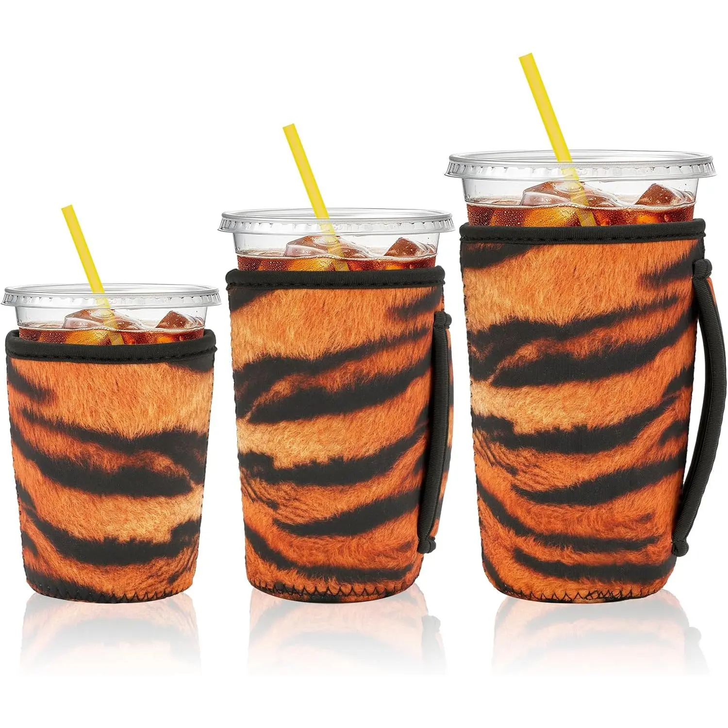 3 Pack  Iced Coffee Sleeves with Handle Neoprene Insulated Cup Sleeves for Hot & Cold Drinks, Fits 16–32 oz Cups, Compatible with , Dunkin &  (tiger stripe)