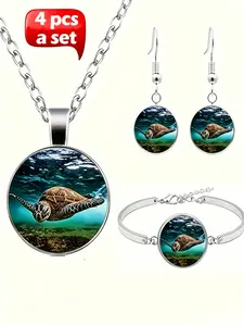 4 Pcs / Set DIY Jewelry, Turtle Pattern Glass Zinc Alloy Necklace Earrings Bracelet, Perfect Gift for Women, Weddings, Birthdays, Holidays