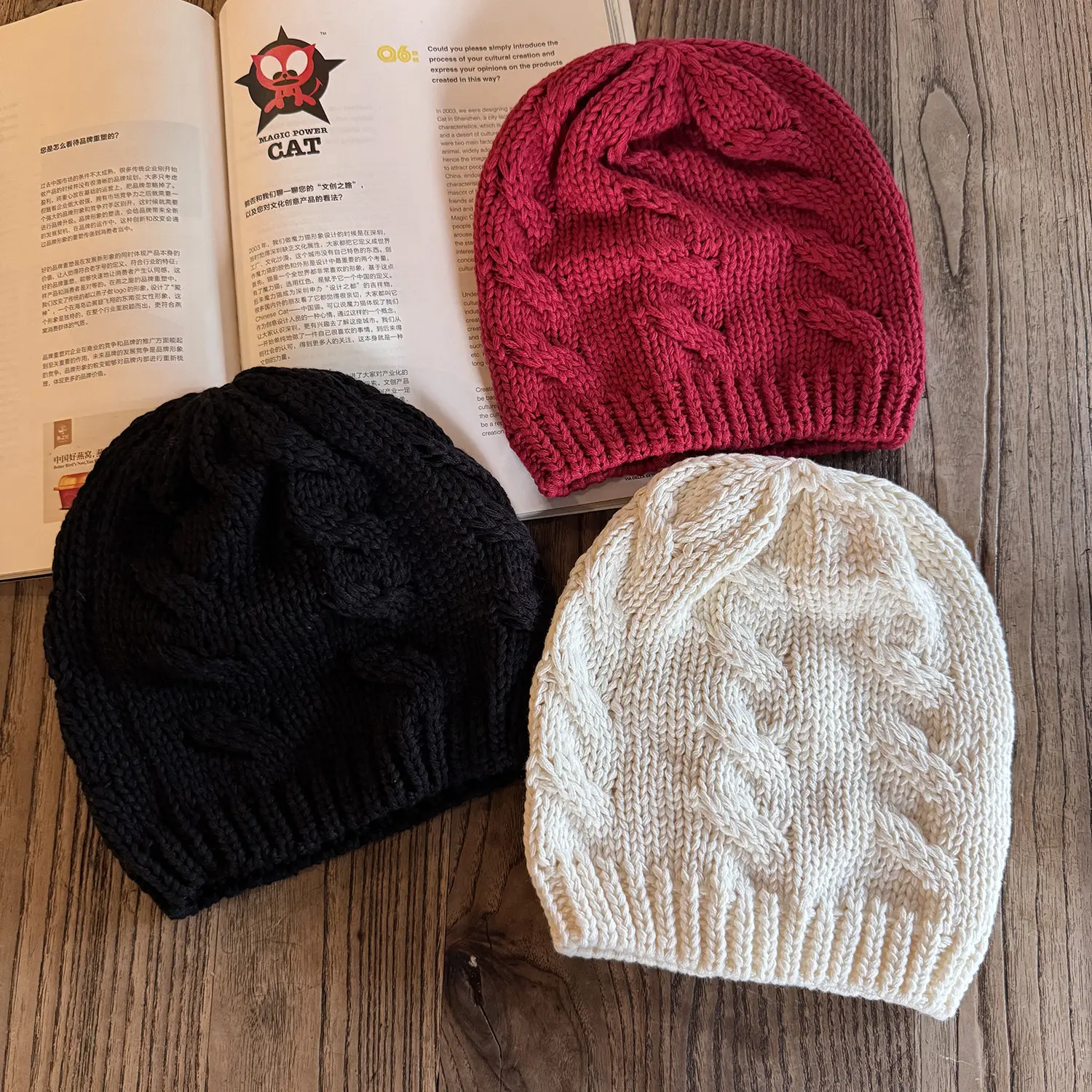 Cable knit beanie hat chunky winter warm skull caps soft slouchy knitted headwear fashion casual outdoor trend streetwear accessories black white red colors winter styling nice gifts