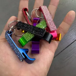 Rhinestone-encrusted 2-in-1 Bottle and Can Opener, Rhinestone Inlay in 7 Colors, for Daily Use, Holiday Gifting, and Bag Charms. Opens Glass Bottles and Cans, Mini Wedding Gift, Glass Bottle Opener Keychain. Birthday Gift, Retail Store Promotional