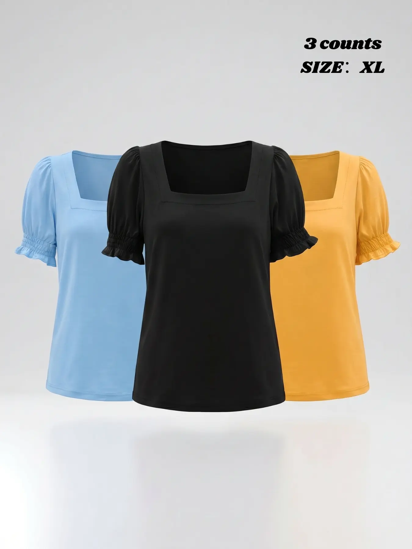 New Women's Solid Color Square Neck T-Shirt Set, Bubble Sleeve Pleated Design, Elegant Fashion Commute Wear, Versatile Top