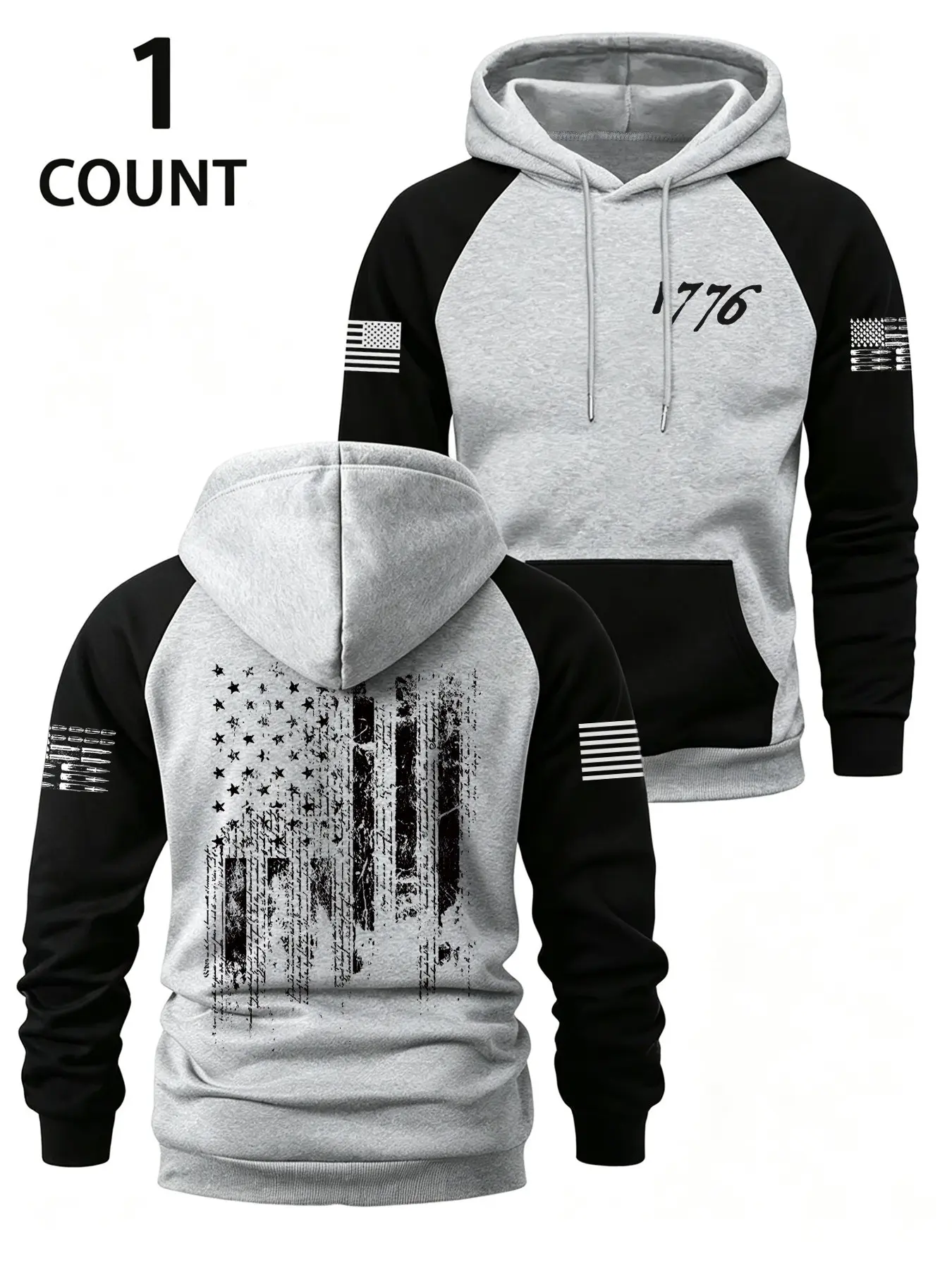 Men's Casual Flag Print Hoodie, Colorblock Patchwork Shoulder Sleeve, Ideal for Daily Wear, Gym, School, Short Trips
