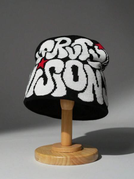 Men’s Letter Jacquard Spider Web Knit Hat Street Style Warm Beanie for Fall and Winter Fashionable Casual Winter Headwear