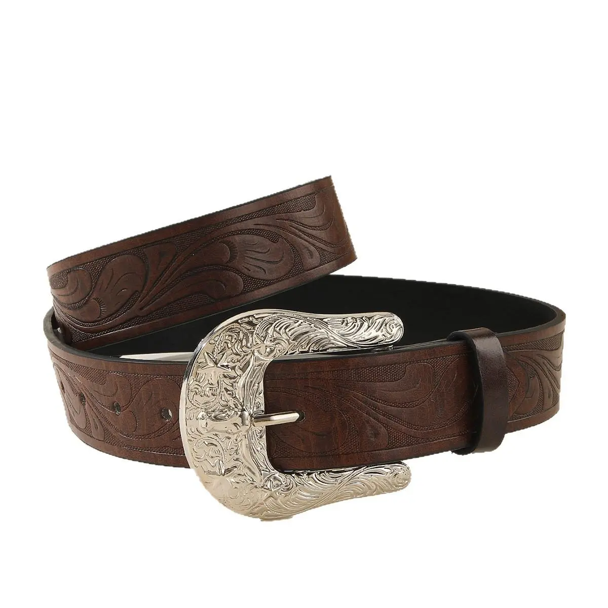 Vintage Tooled Leather Belt with Engraved Silver Buckle